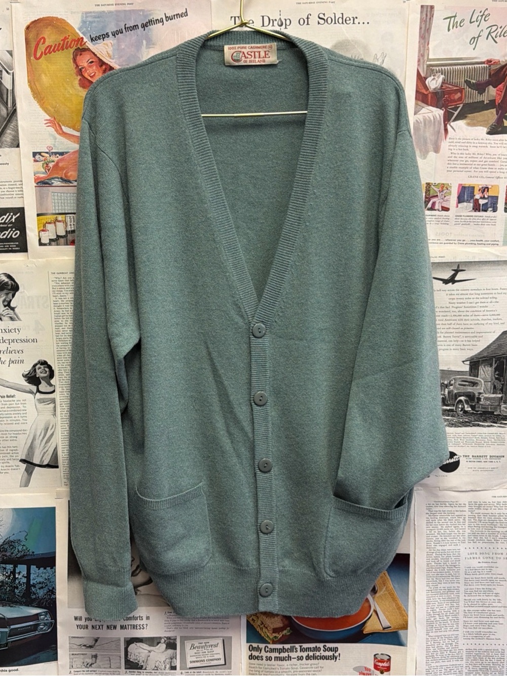 Vintage Castle of Ireland Men's Sage Green Button-Front Cardigan Size 46 (XL)